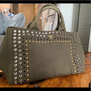 Prada Canapa Studded Tote - Green